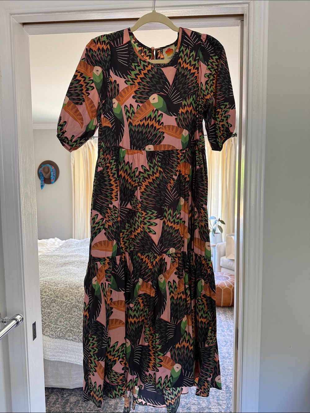 FARM Rio Pink, Black and Green Tiered Puff Sleeve Maxi Dress